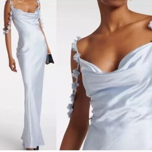NWT Caroline Constas Blue Satin Dress with Floral Details